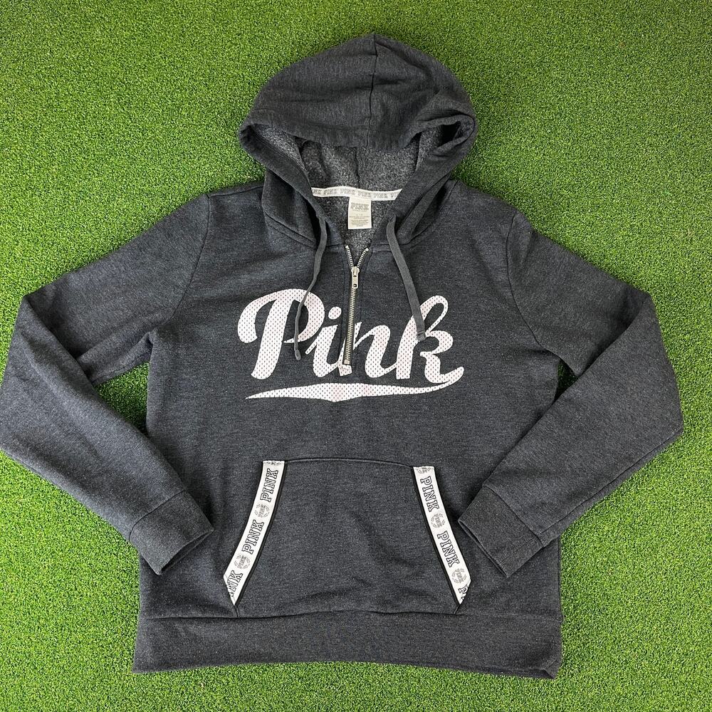 Victoria's Secret PINK Dark Gray 1/4 Zip Fleece Sweatshirt Hoodie Sz L